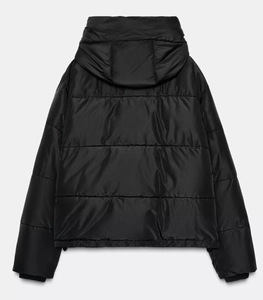 Back view of black hooded padded jacket with horizontal quilting and windproof texture