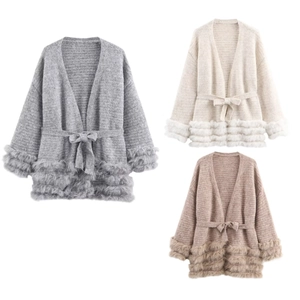 Elegante Damen Strickjacke Mit Kunstpelzbesatz Und Gürtel Locker Langarm V-Ausschnitt Herbst Winter Pullover Mantel Für Party Alltag
