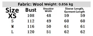 Size chart for women's wool coat with measurements for bust, sleeve and length