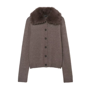 Women Elegant Faux Fur Collar Knit Cardigan Turn-down Collar Long Sleeve Solid Color Warm Sweater Top Autumn Winter