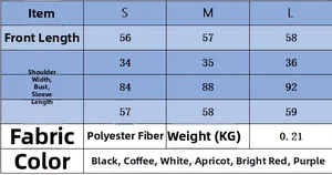 Size chart for women's knit sweater showing S to L dimensions and fabric details