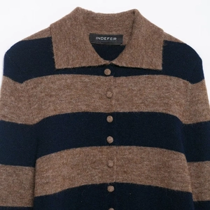 Chic striped knit cardigan in brown and navy blue with lapel and button closure