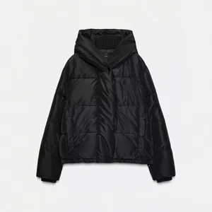 Women's black hooded puffer jacket with wide horizontal quilting and loose fit