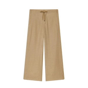 Detail of khaki wide-leg casual pants featuring elastic waist and drawstring design