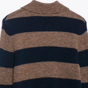 Classic striped knit sweater with fuzzy texture in navy and brown color blocking