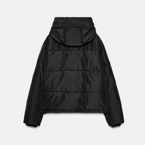 Women's black hooded puffer jacket with horizontal quilting and windproof fabric