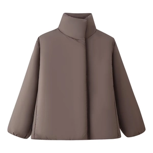 Women Casual Stand Collar Long Sleeve Puffer Jacket Loose Hidden Button Solid Color Warm Winter Cotton Padded Coat Outwear