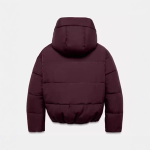 Women's burgundy hooded puffer jacket with waterproof quilted fabric and loose fit