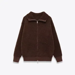 Women Casual Textured Fleece Jacket Loose Lapel Zipper Cardigan Coat Solid Color Streetwear Warm Winter Outerwear Top