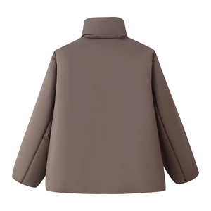 Back view of a dark coffee short puffer jacket with a high stand-up collar and matte finish
