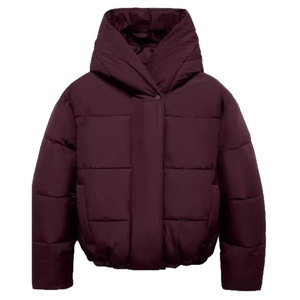 Women's burgundy hooded puffer jacket with quilted padding and minimalist design