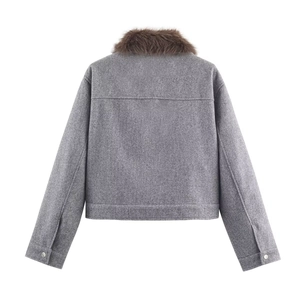 Back view of a gray wool jacket featuring a contrast dark brown faux fur collar and silver buttons