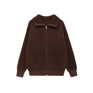 Women's dark brown fleece zipper jacket with wide lapel and ribbed knit cuffs