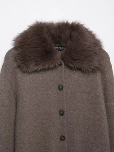 Detail of a brown knit cardigan featuring a plush faux fur collar and round buttons