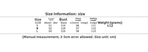 Size chart for long faux leather coat showing shoulder, chest, and sleeve measurements