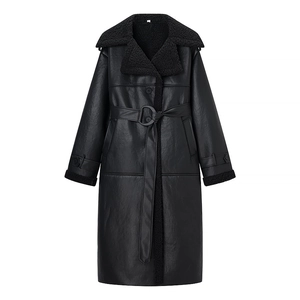 Detailed view of women's long black faux leather coat with plush faux fur collar and belt