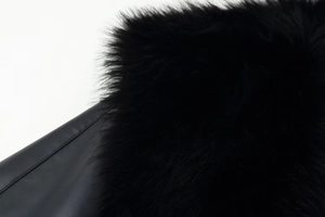 Close-up of black faux fur and leather patchwork detailing on the winter jacket