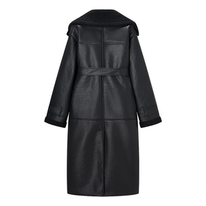 Rear view of long black PU leather coat with plush faux fur trim and waist belt detail