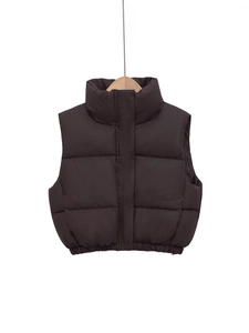 Women Fashion Stand Collar Puffer Vest Solid Color Cropped Quilted Sleeveless Jacket Warm Winter Padded Waistcoat