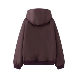 Back view of oversized burgundy hooded bomber jacket with ribbed cuffs and hem