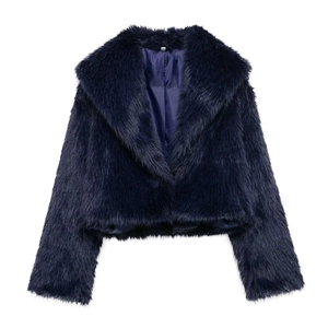 Detail of deep navy faux fur coat featuring a wide collar and silky inner lining