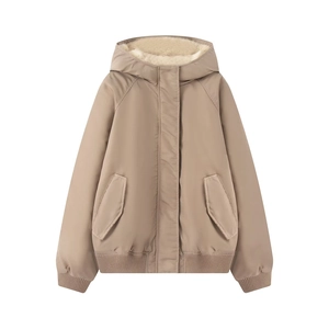 Detail view of khaki padded hooded bomber jacket with thick faux shearling lining and ribbed cuffs
