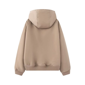 Detailed back view of a khaki oversized hooded bomber jacket with ribbed cuffs and hem