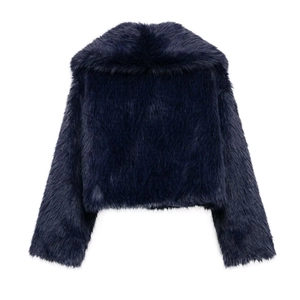 Rear view of navy blue faux fur jacket with soft fluffy texture and cropped fashion cut