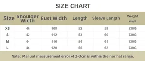 Detailed size chart for women's long sleeve PU jacket featuring measurements from XS to L