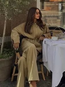 Women Casual Utility Zipper Jacket And High Waist Wide Leg Pants Top And Pants Solid Color Drawstring Waist Fashion Clothing