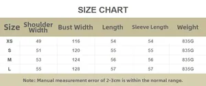 Tableau des tailles pour veste en fausse fourrure avec mesures en cm et indications de poids