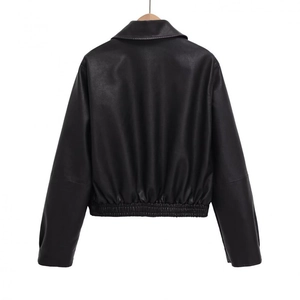 Rear view of black PU leather jacket showing elasticated cuffs and ribbed hem detail
