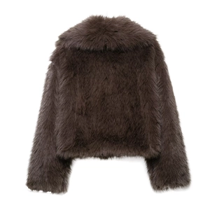 Detailed back view of a chocolate brown faux fur coat with long lustrous fibers