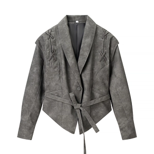 Veste en Simili Cuir de Suède pour Femme Manteau Court Street Style Laçage Croisé avec Ceinture Gris Blouson Biker