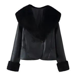 Women Faux Leather Jacket Faux Fur Collar Cuff Stitching Patchwork Streetwear Black Autumn Winter Warm Short Outwear Loose Coat