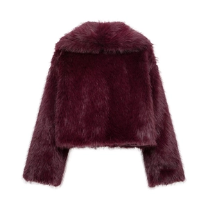 Detailed back view of a burgundy faux fur jacket with plush texture and wide collar