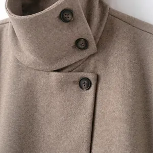 Classic camel wool coat with elegant high stand collar and single-breasted button closure