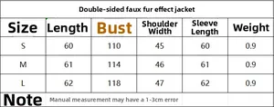 Detailed size chart for faux fur jacket with length, chest, shoulder, and sleeve measurements