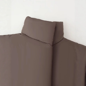 Women's chocolate brown stand collar puffer jacket with long sleeves and matte finish
