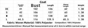 Size chart showing XS to L measurements for the long PU jacket with detachable fur collar