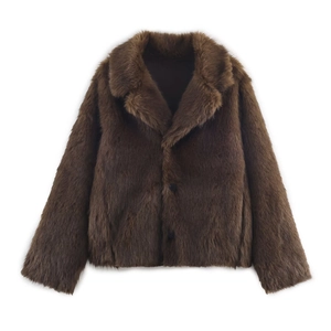 Women's dark brown faux fur coat with oversized lapel collar and button closure