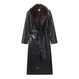 Women Faux Leather Long Coat With Removable Faux Fur Collar Belted PU Leather Jacket Single Breasted Winter Warm Trench Coat