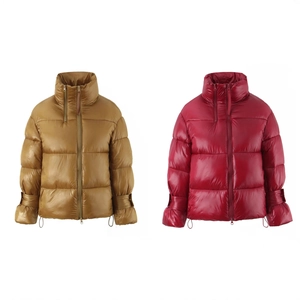 Women Shiny Padded Jacket Stand Collar Double Zipper Quilted Loose Warm Winter Coat Outerwear For Streetwear Fashion