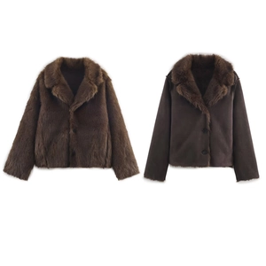 Women Double Sided Faux Fur Jacket Winter Warm Lapel Short Coat Streetwear Casual Deep Brown Thickened Outerwear
