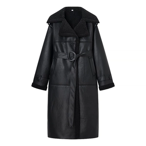 Women Casual Faux Leather Shearling Long Coat Black PU Leather Belted Thick Warm Winter Outwear Lapel Streetwear Jacket