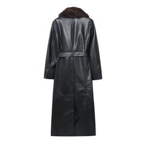 Detailed back view of a black faux leather trench coat with a brown fur collar and waist belt