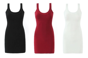 Detailed close-up of ribbed texture on black, burgundy, and white sleeveless bodycon dresses