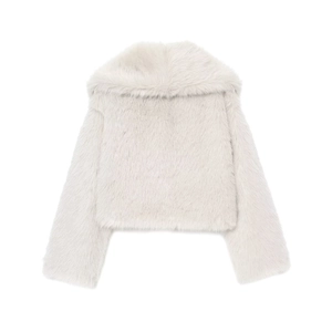 Back view of a cropped light gray faux fur coat with fluffy texture and wide collar