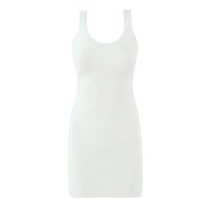 Detail of white knit bandage dress featuring high-elastic ribbed texture and bodycon fit