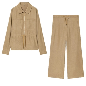 Women's 2-piece khaki lounge set with drawstring jacket and wide-leg trousers